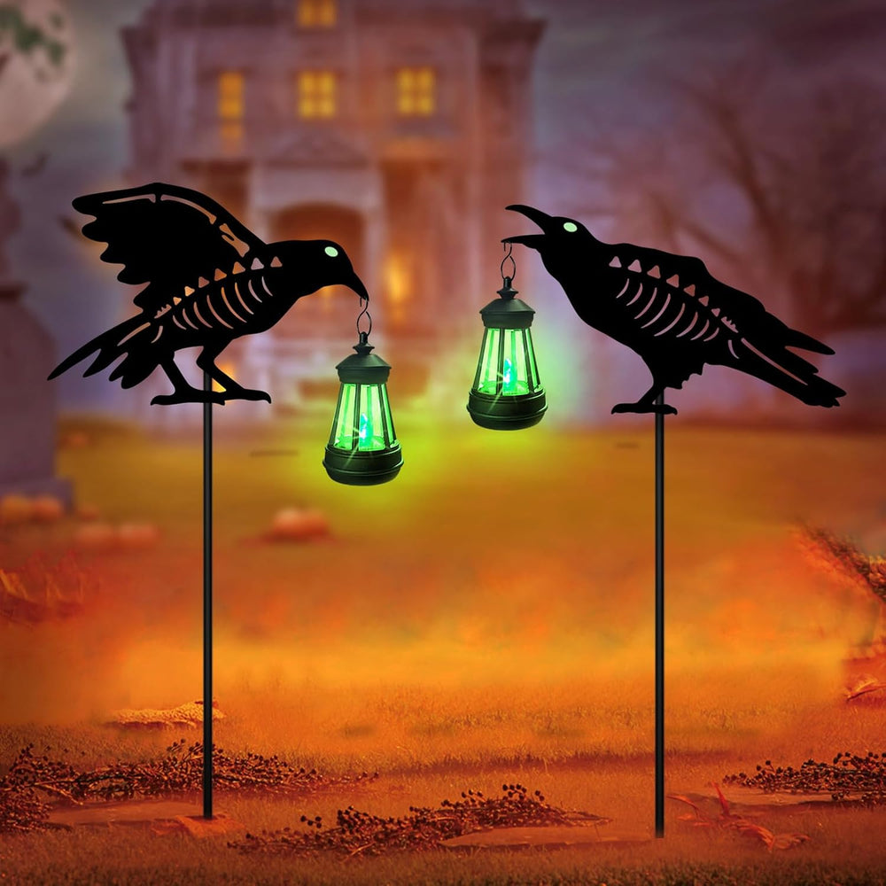 Solar Halloween Decorations Outdoor,2 Pack Metal Black Crow Yard Sign Stake