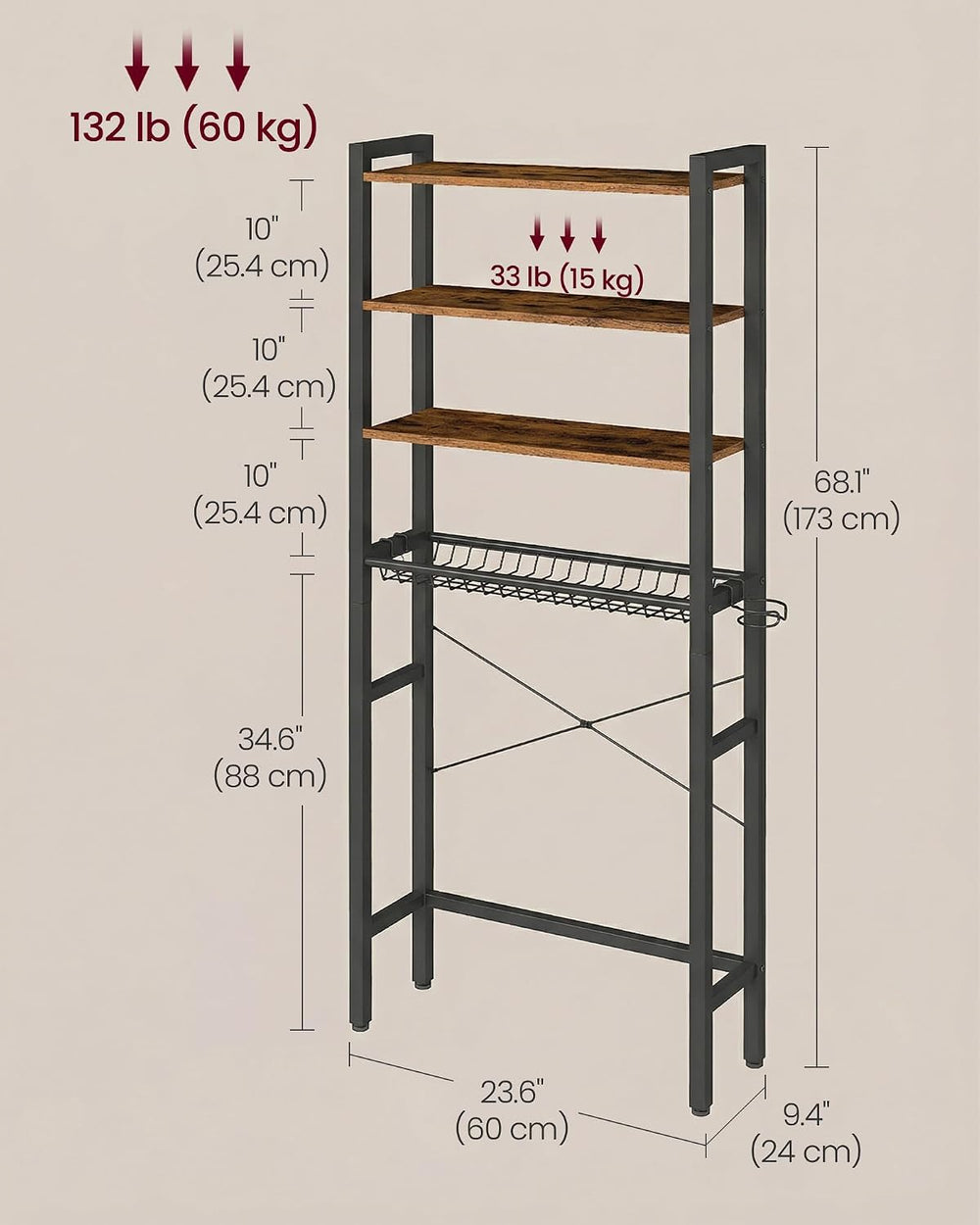 VASAGLE 4-Tier Over the Toilet Storage, Adjustable Shelves, Basket, 68.1'...