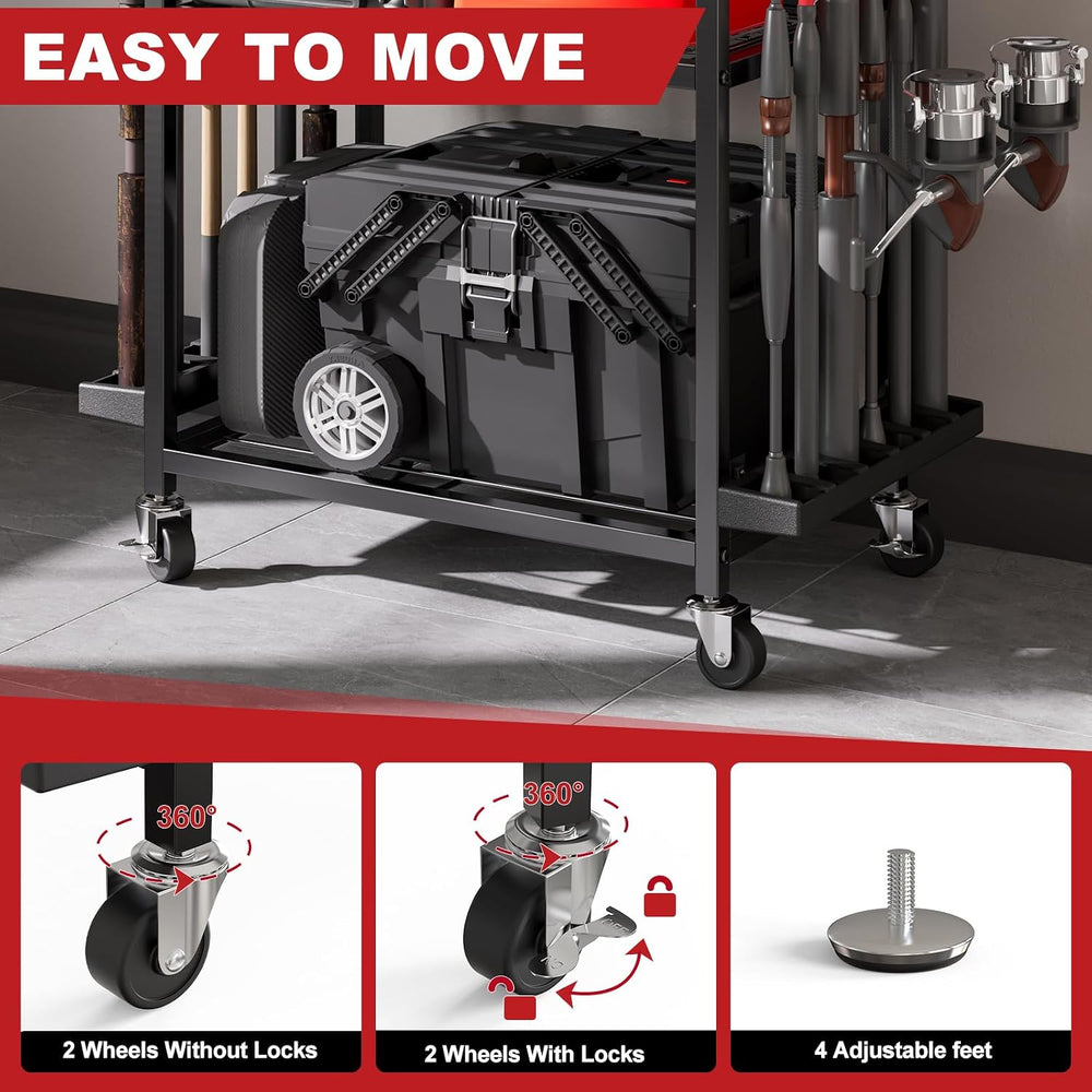 Fishing Rod Holders for Garage, 12-Rod Rolling Tackle Cart, Black