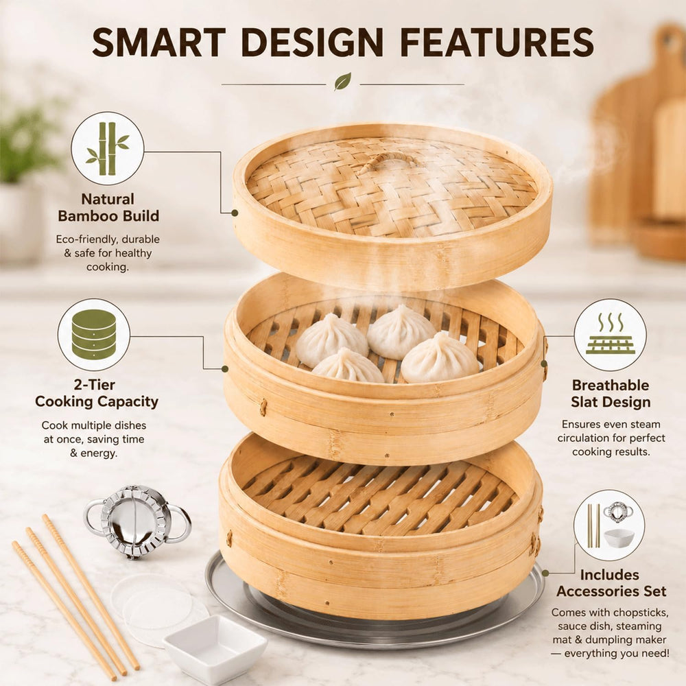 Bamboo Steamer Basket 10 Inch, 2-Tier Dumpling Steamer for Bao Buns, Dim Sum,...