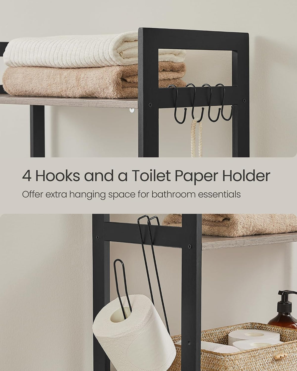 SONGMICS 3-Tier Bamboo Over The Toilet Storage, Adjustable Shelf, 66.9'