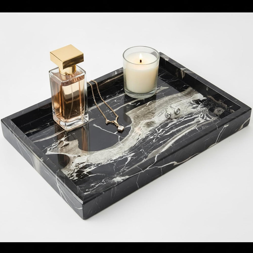 Black Marble Tray for Men 12x8, Real Natural Bathroom Vanity Perfume Jewelry