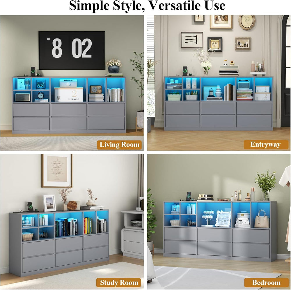 Grey 6 Drawers Dresser with 7 Storage Cubbies, LED Lights, Power Outlets
