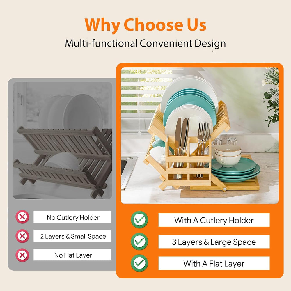 Simple Trending Bamboo Dish Drying Rack, 3 Tier with Utensil Holder