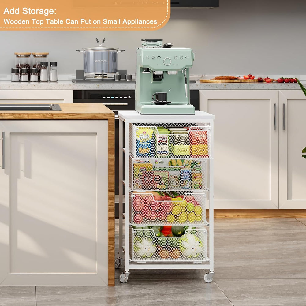 4-Tier Kitchen Storage Cart - Fruit Vegetable Storage Cart with Drawers, Wood...
