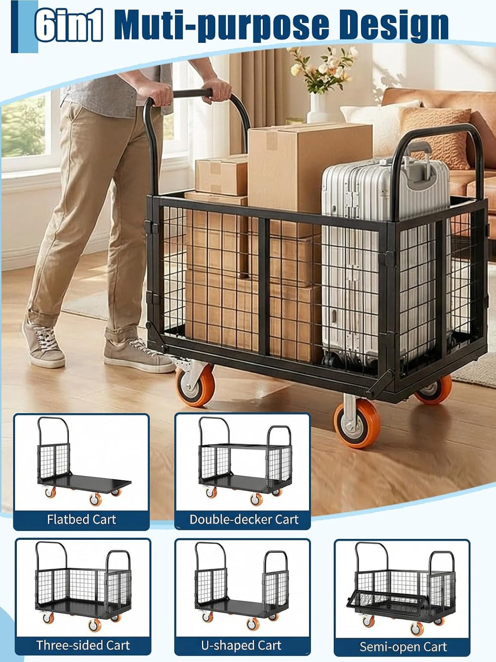 GarveeTech Platform Truck with Cage, 6-in-1 Multi-Purpose Flatbed Cart