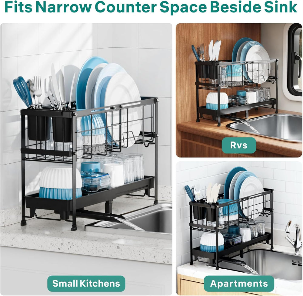 GSlife Narrow 2 Tier Dish Drying Rack - Expandable for Small Kitchens & RVs