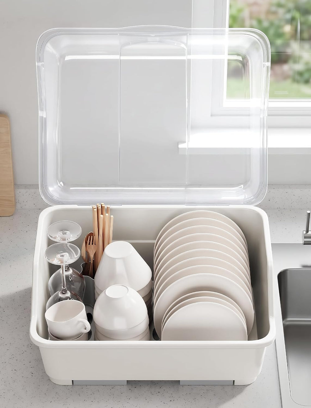 Tomorotec Plastic Dish Drying Rack & Drain Board with Lid Cover Light White