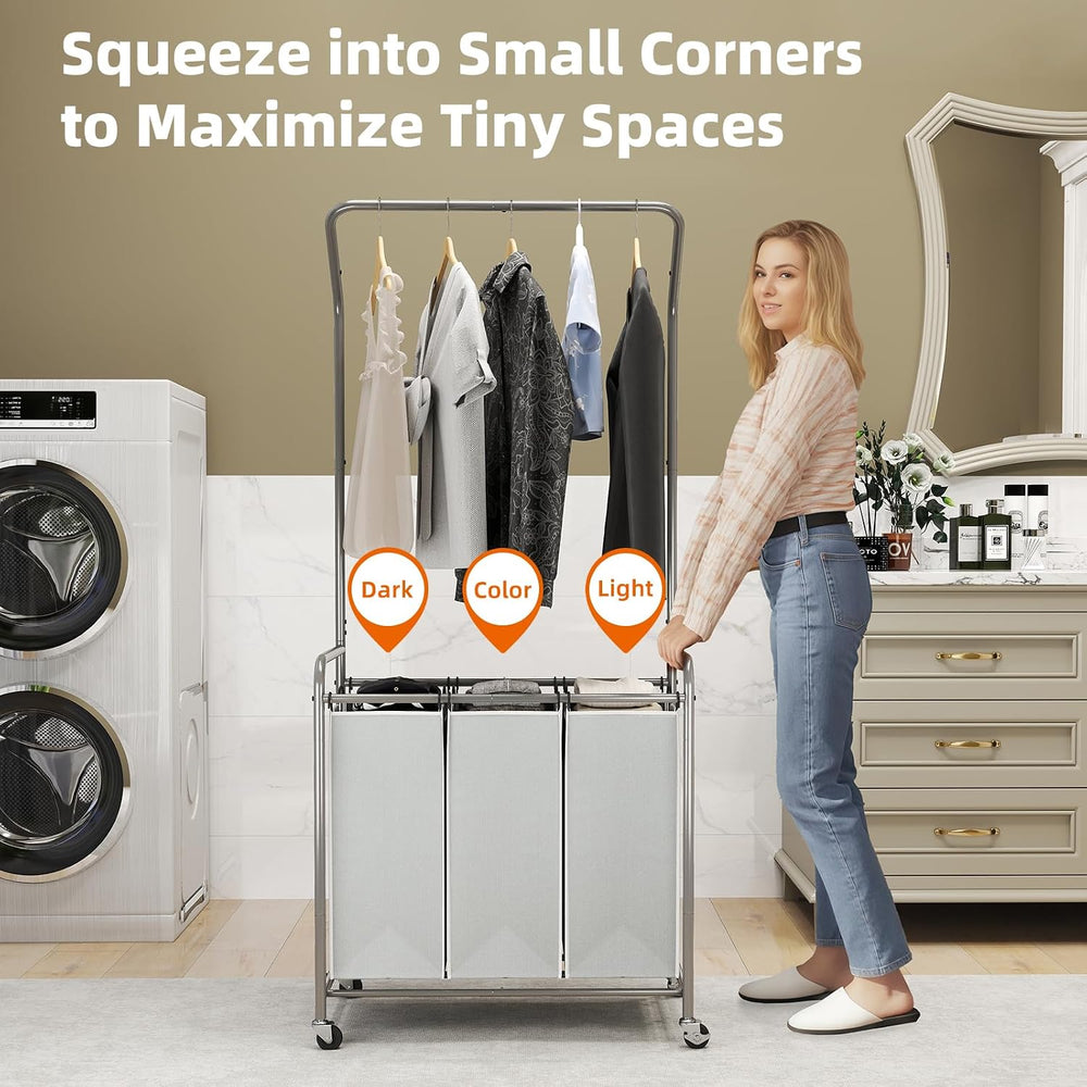 Rolling Laundry Basket Organizer with Hanging Clothes Rack: 3 Section Laundry...