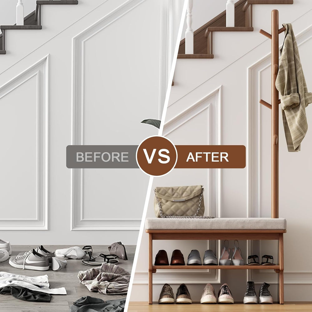 Coat Rack with Shoe Storage, Shoe Rack with 8 Hook, Walnut