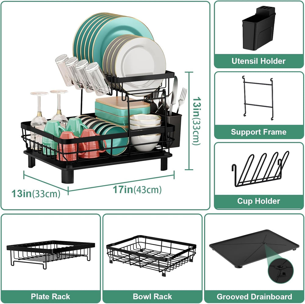 MOUKABAL 2 Tier Dish Drying Rack with Drainboard for Kitchen Counter, Black