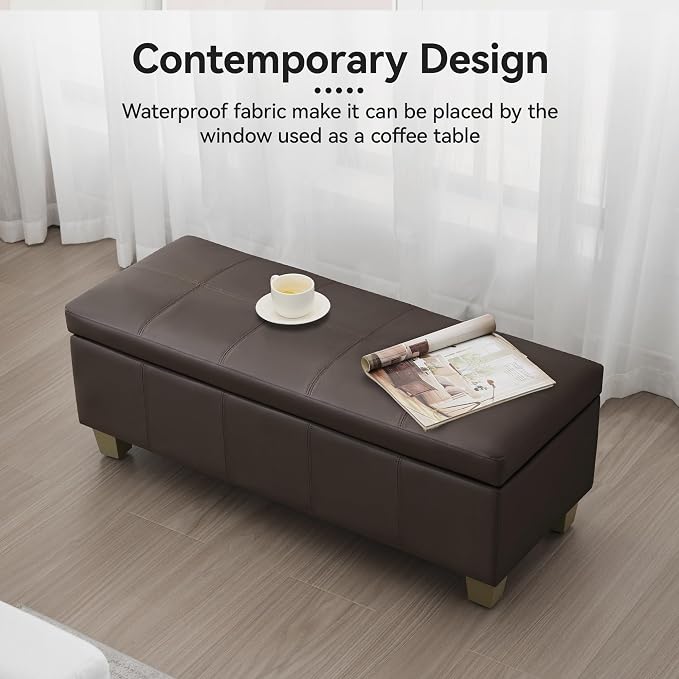 41" Faux Leather Storage Ottoman, Stitch Tufted Rectangle Upholstered En...