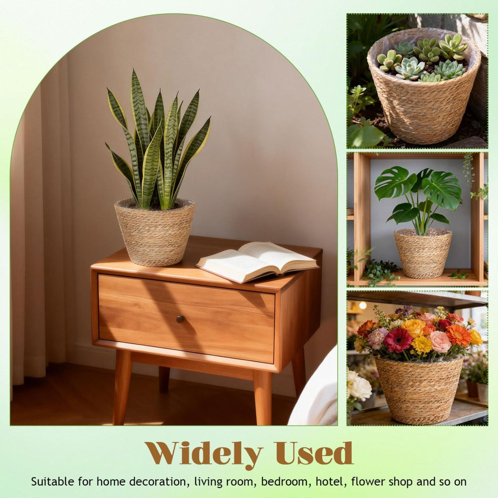 Healifty 2Pcs Woven Plant Baskets with Liners Round Rattan Seagrass Planter
