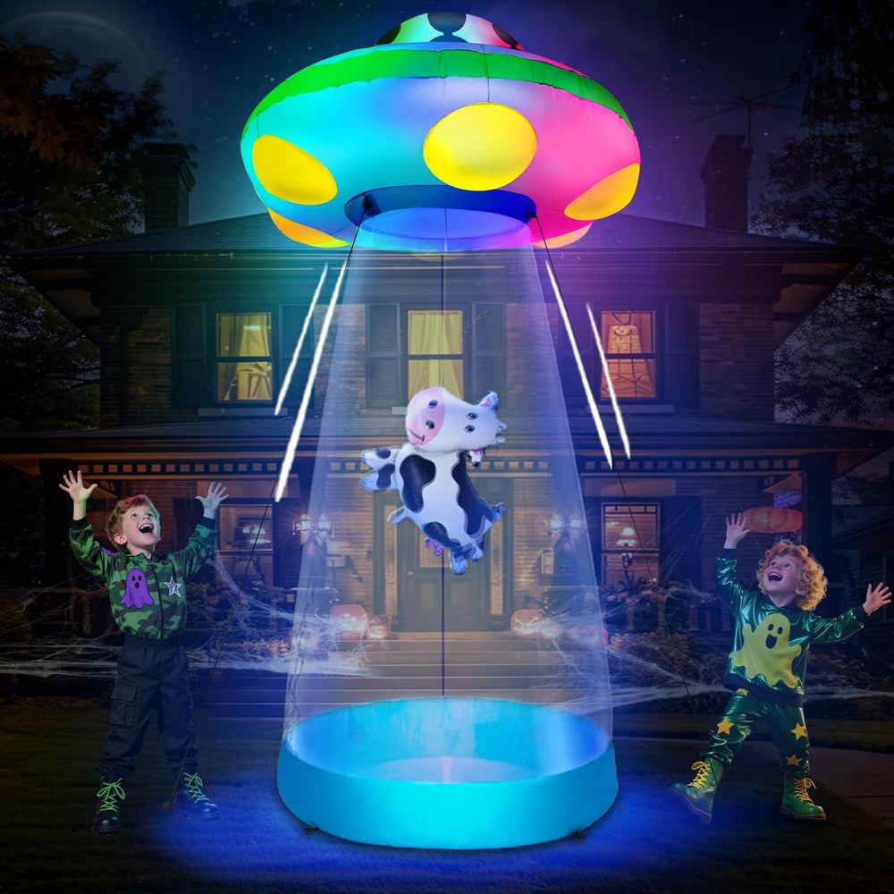 TURNMEON 10 Ft Tall Halloween Inflatable UFO Cow Abduction Decorations