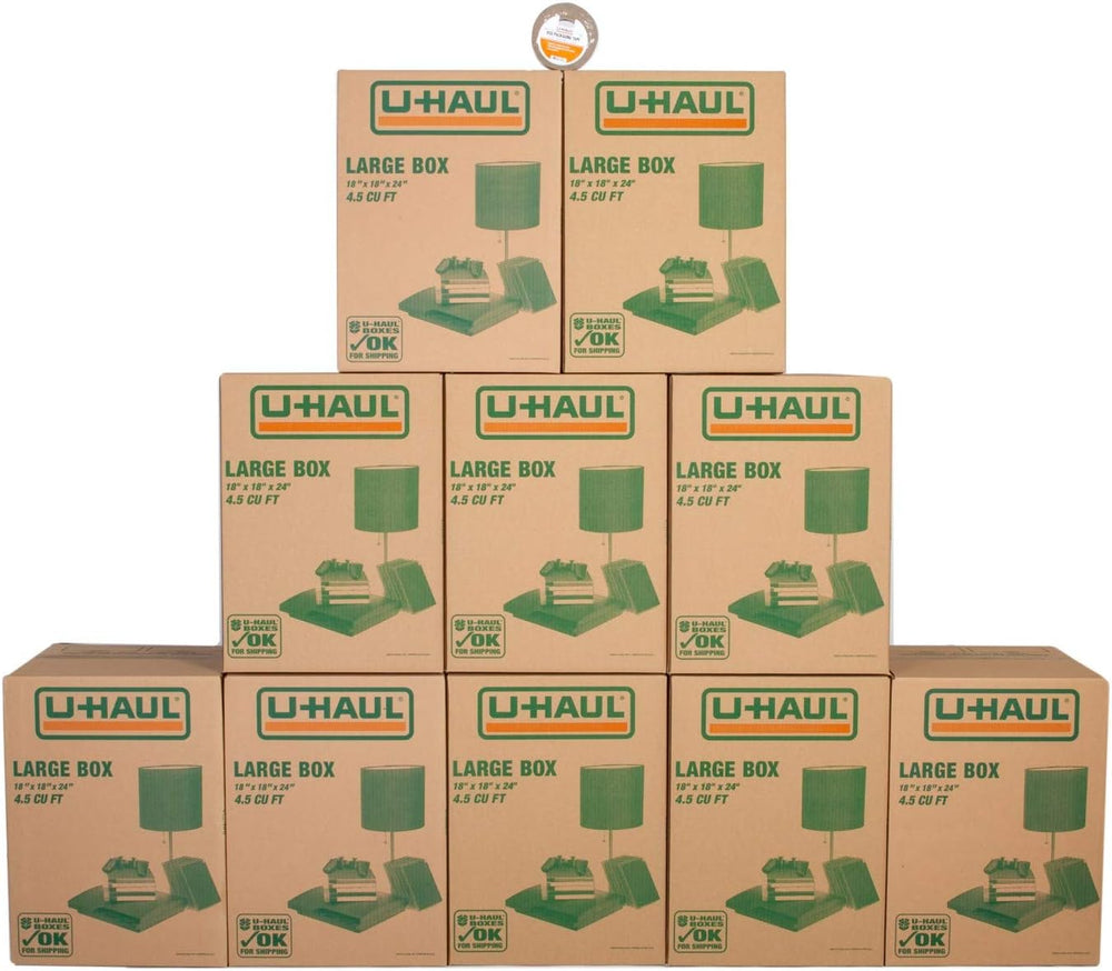 U-Haul Large Moving Boxes - Pack of 10 Boxes - 18” x 18” x 24”- Bonus Roll of...