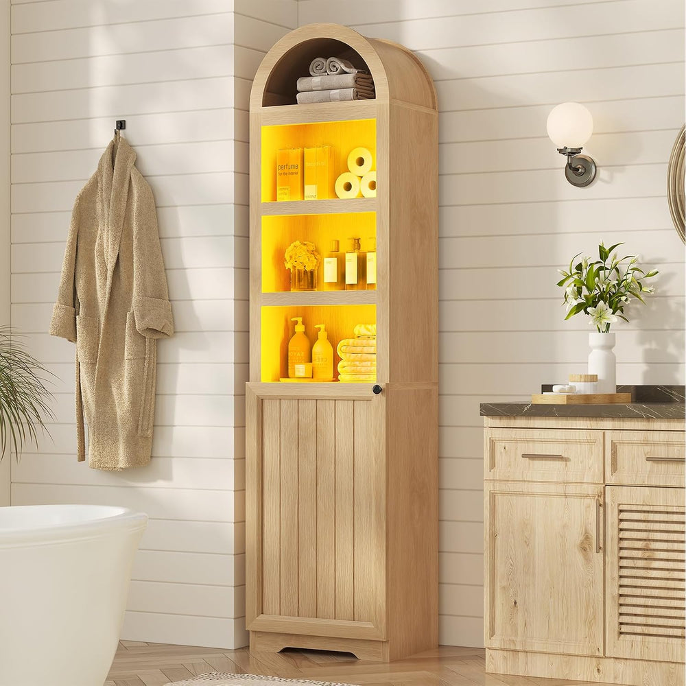 72" Tall Arched Narrow Bathroom Storage Cabinet with Lights, Slim Storag...