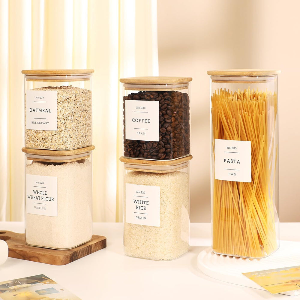 5 Pack Square Glass Pantry Storage Containers with 132 Kitchen Food Pantry La...
