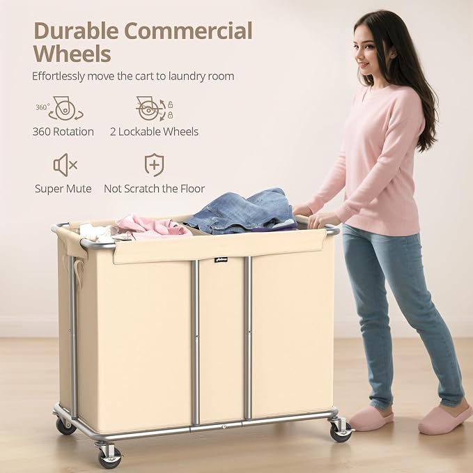 230L Rolling Laundry Hamper, 2-Section Laundry Basket