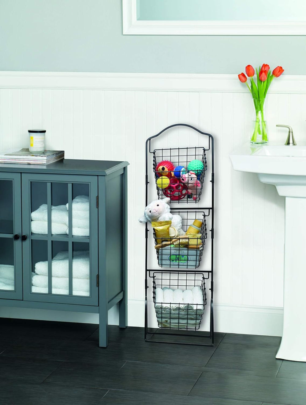 Gourmet Basics by Mikasa 3-Tier Wire Market Basket, Antique Black Metal Kitch...