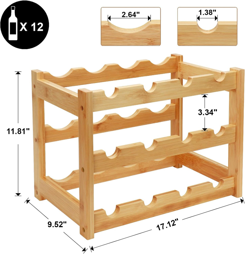 Bamboo Wine Rack, 3-Tier 12 Bottles Wine Storage Cabinet Shelf