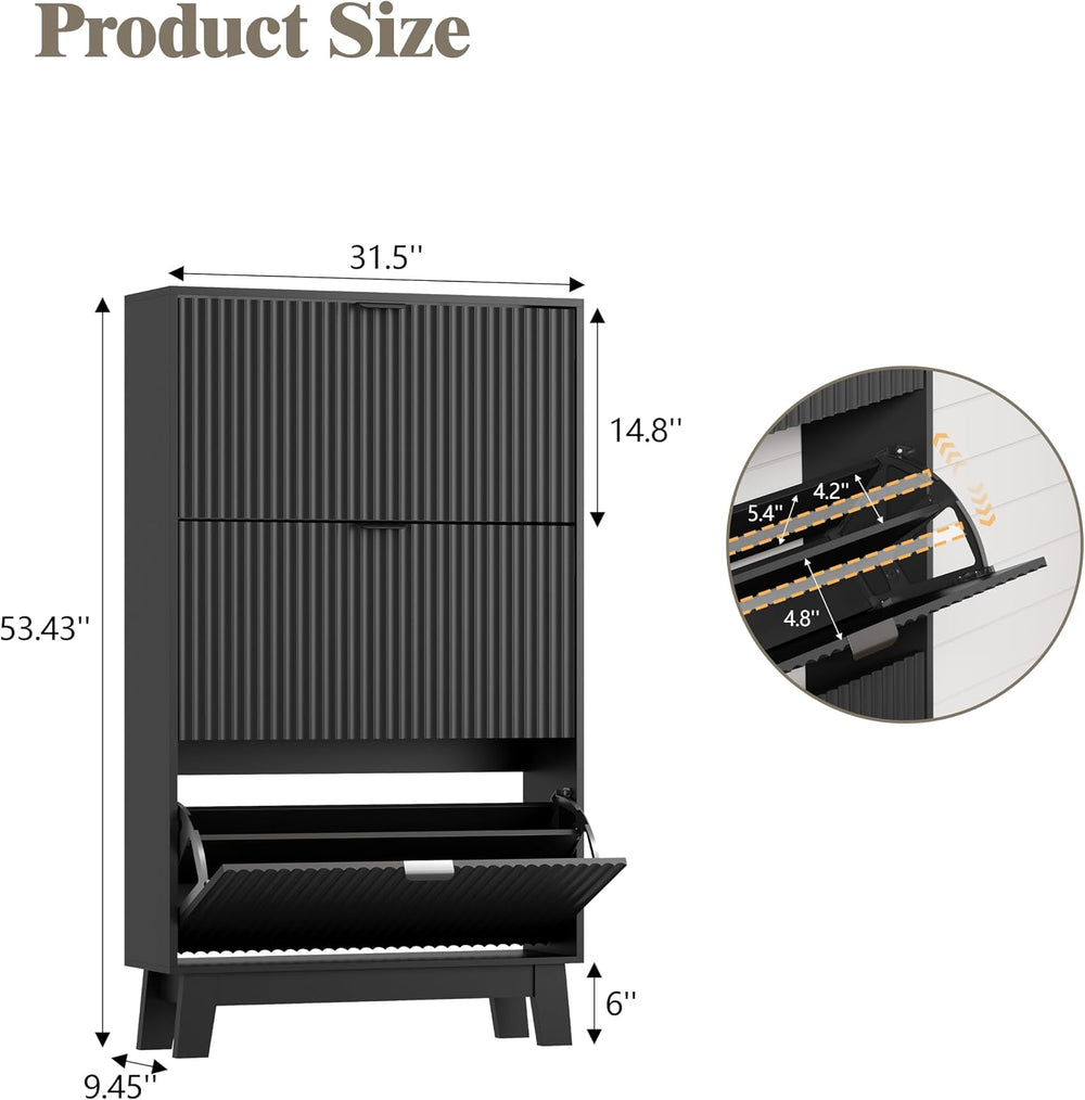 Shoe Cabinet Storage for Entryway with 3 Flip Drawers, Fluted Narrow Shoe Org...