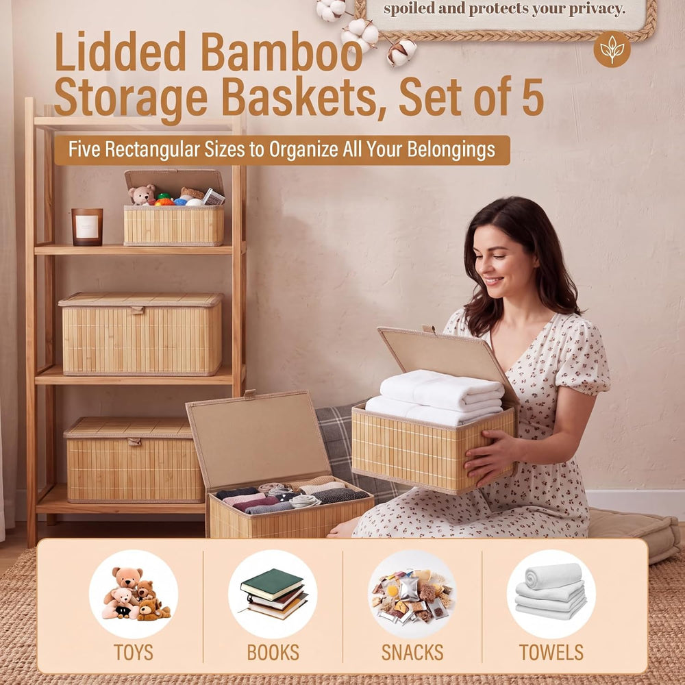 Newtay Set of 5 Large Bamboo Decorative Storage Boxes with Lids