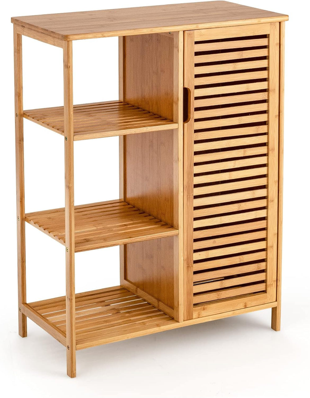 Tangkula Bamboo Bathroom Floor Cabinet, Storage Cabinet with Shutter Door and...