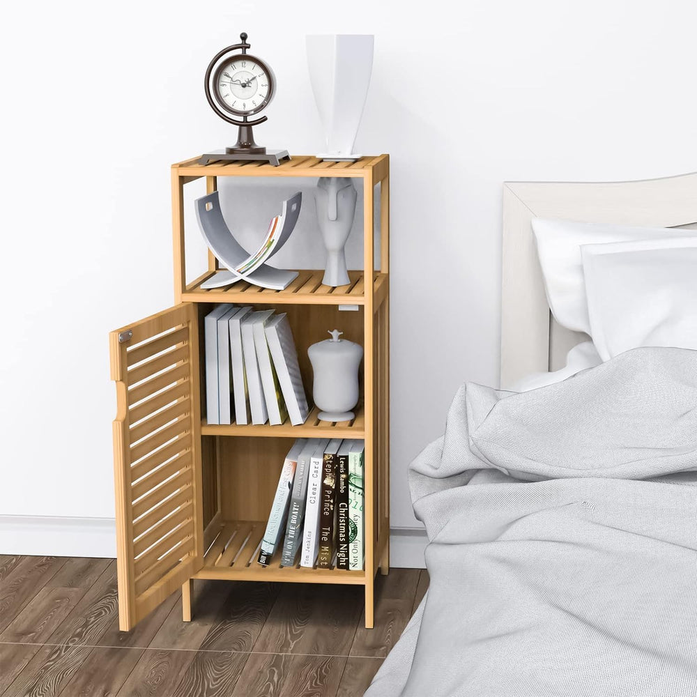 Bathroom Bamboo Storage Cabinet, Freestanding Floor Cabinet with Door Shelf