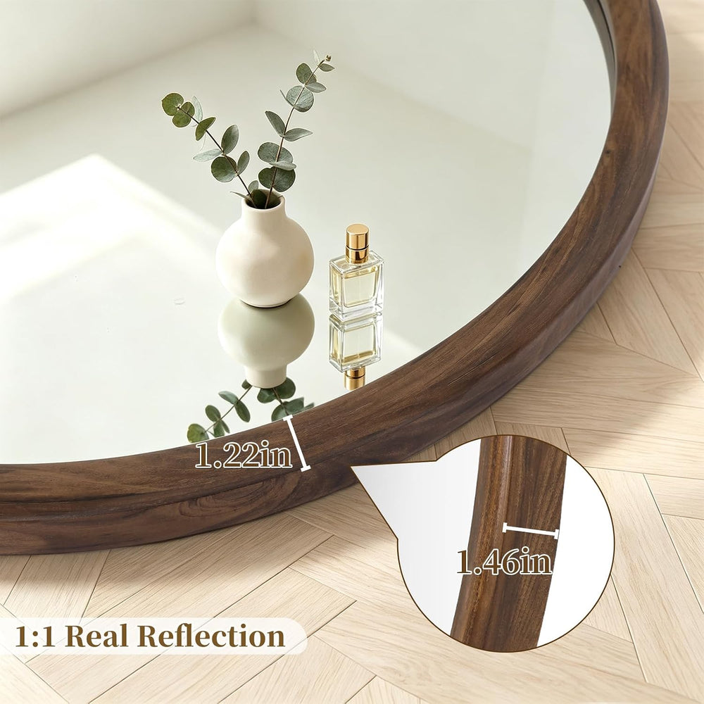 HOMECOOKIN 28 Inch Round Mirror, Farmhouse Wood Grain Framed Wall Mirror, Cir...