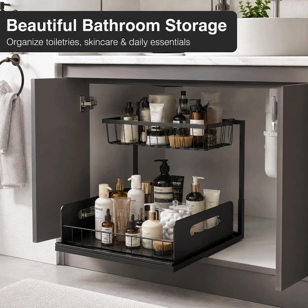 2-Tier Under Sink Organizer, Pull-Out Cabinet Storage Rack, Black, Adjustable...