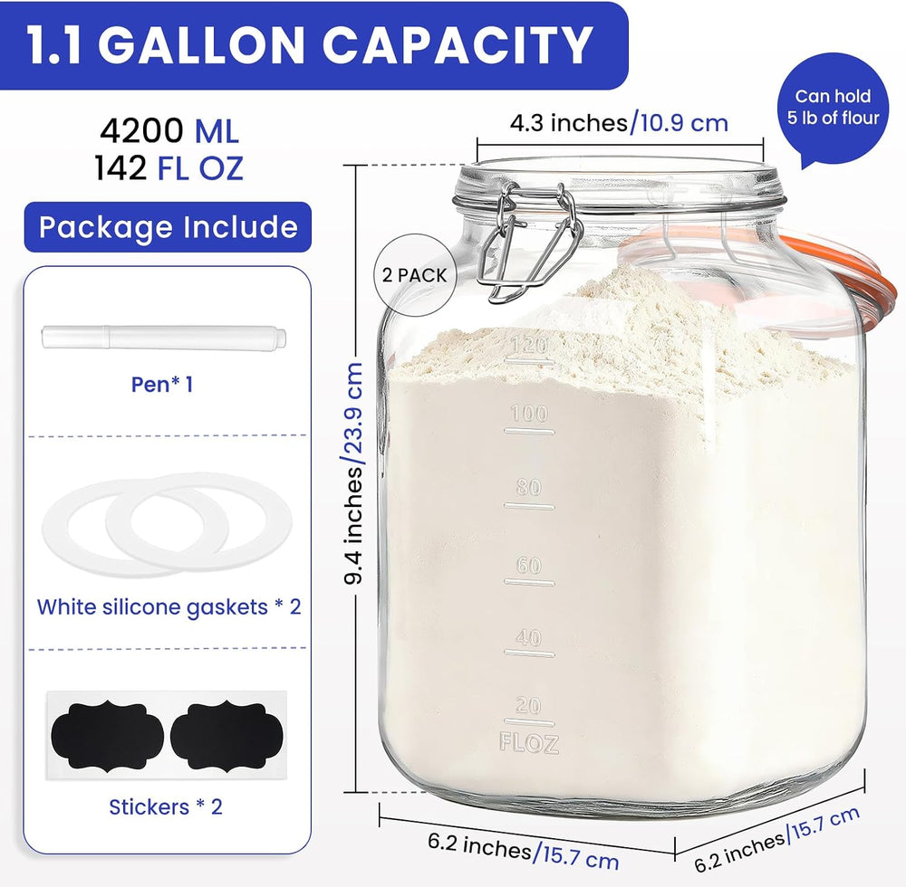 1.1 Gallon Wide Mouth Airtight Glass Storage Containers with Lids