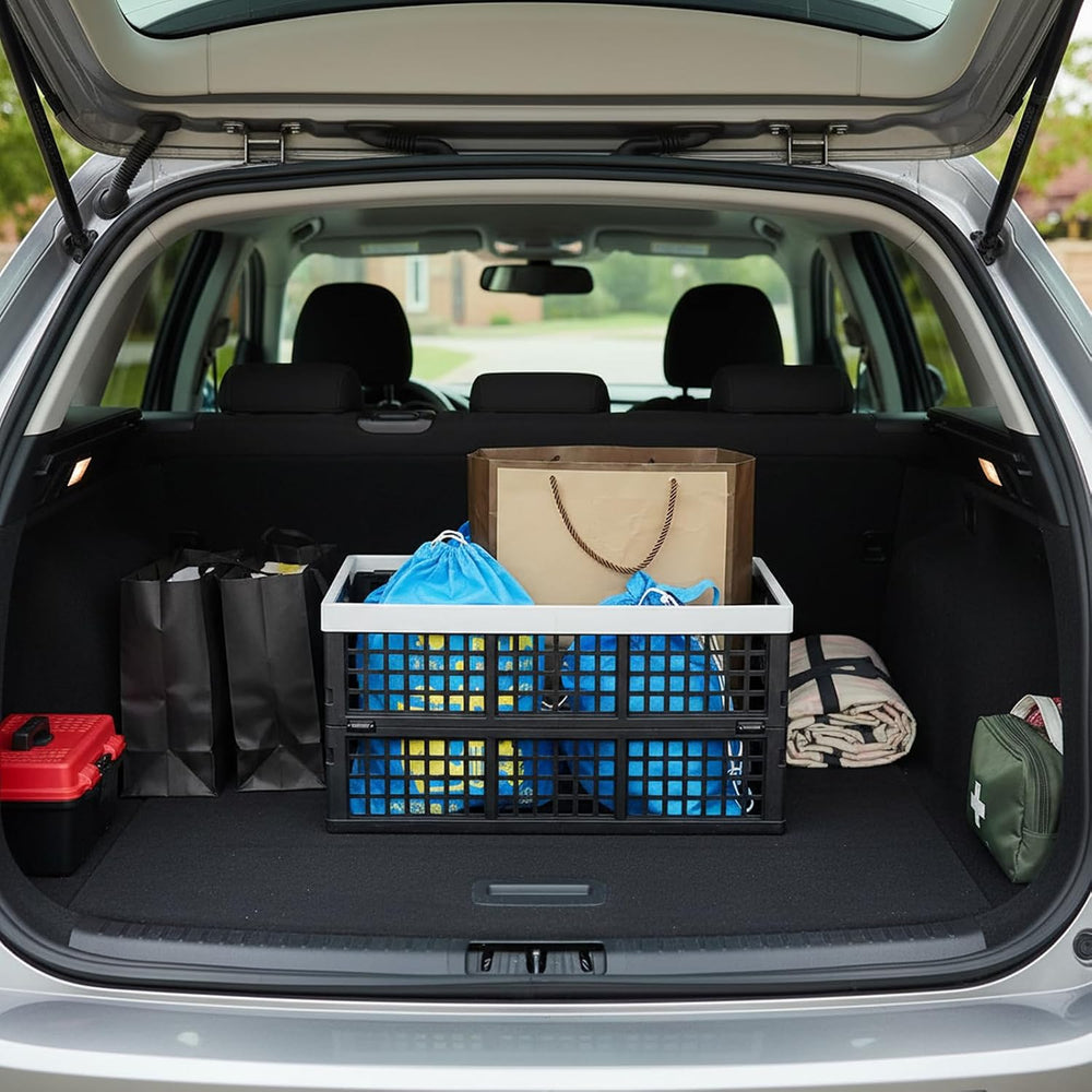 2 Pack 42 L Stackable Plastic Folding Crate, Plastic Collapsible Storage Bask...