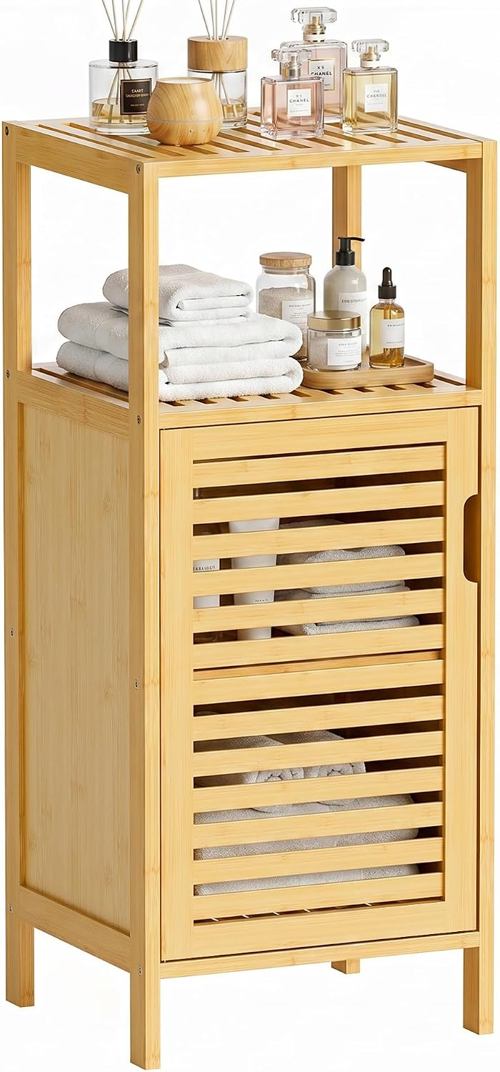 HITNET Bathroom Cabinet Freestanding, Small Bamboo Floor Cabinet, 4 Tier Sing...