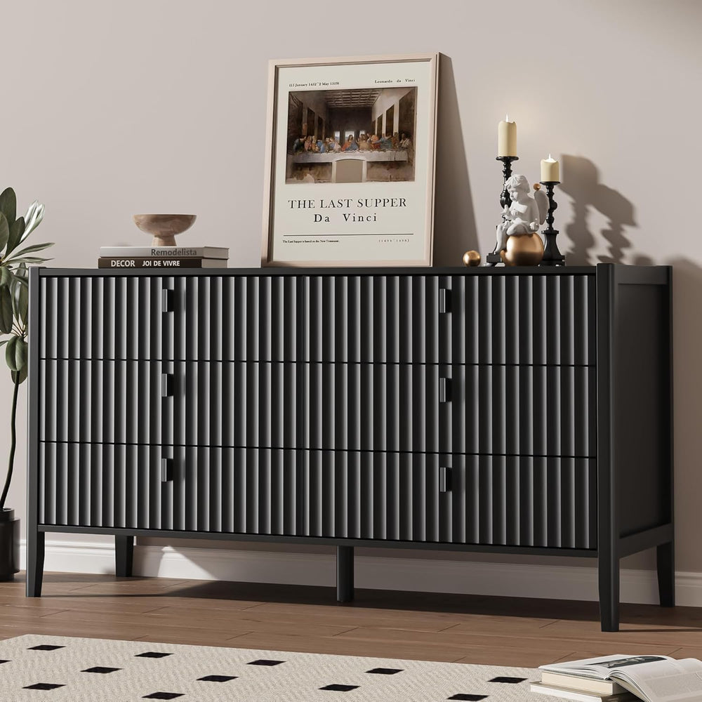 MAISONARIA Black 6 Drawer Dresser for Bedroom, Modern Wood Dresser, Fluted De...