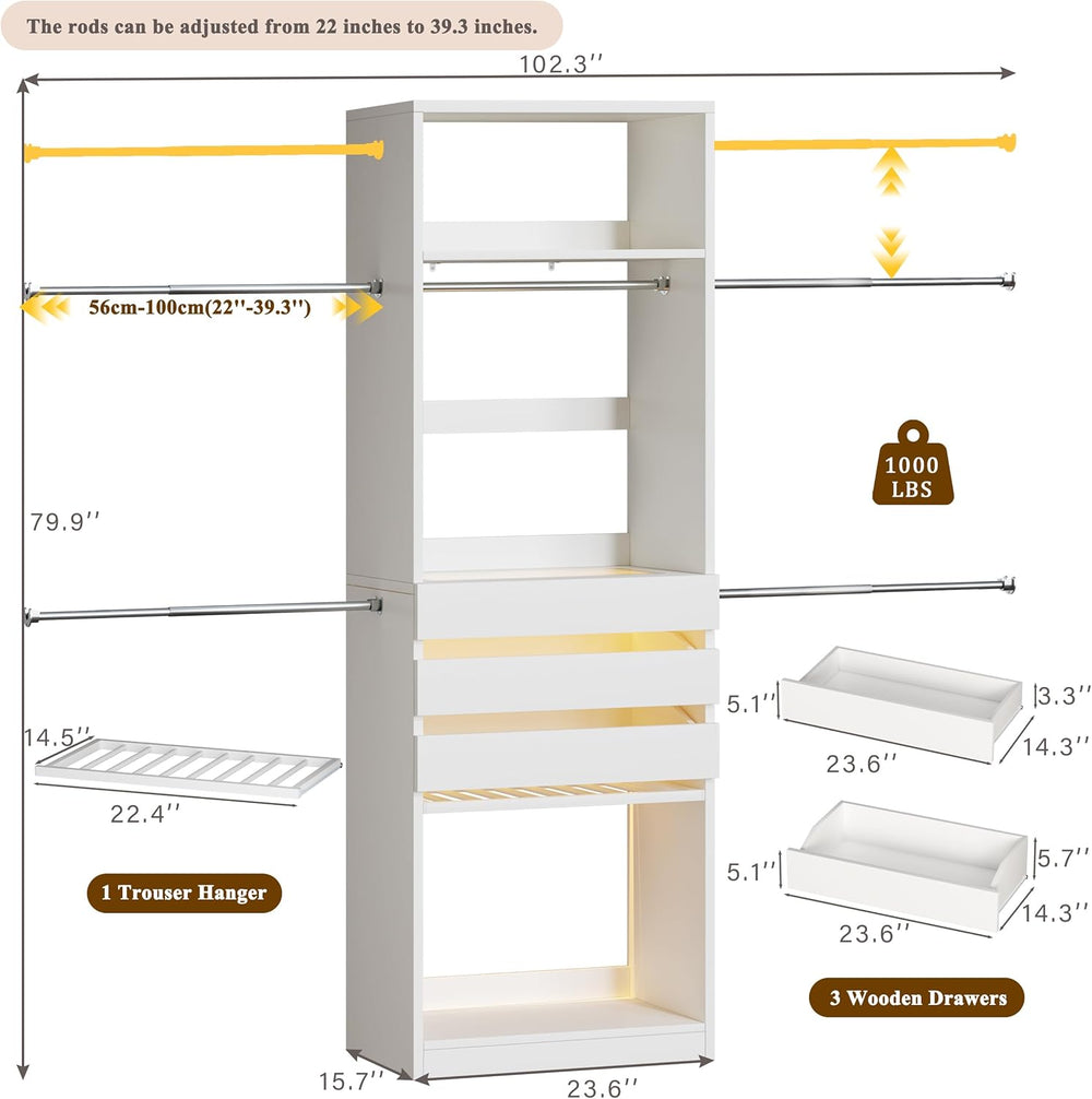 Closet System, 4-8FT Closet Organizer with 3 Wood Drawers & Glass Top, 10...