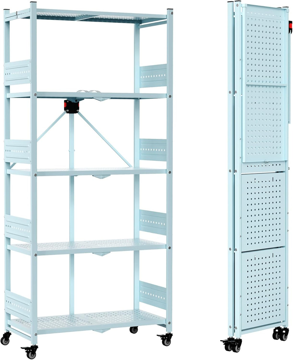 WORKPRO 5-Tier Folding Shelf, No-Assembly Metal Storage Rack with Wheels, 750...