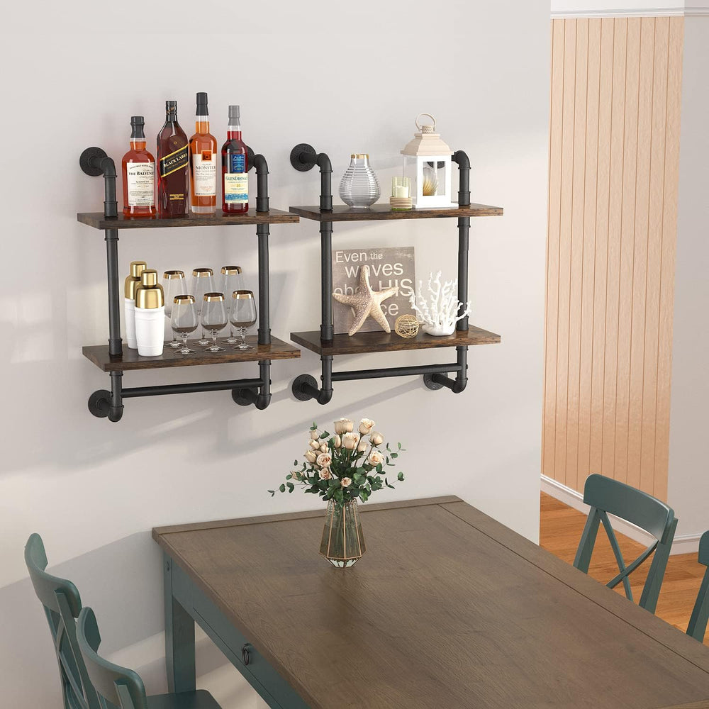 Helsin 2 Tier Industrial Pipe Floating Bathroom Shelves Wall Mounted with Tow...