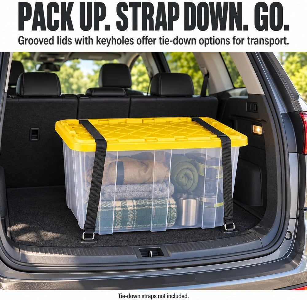 27 Gallon Clear Plastic Industrial Storage Tote, Snap Lid, Yellow, 4 Pack