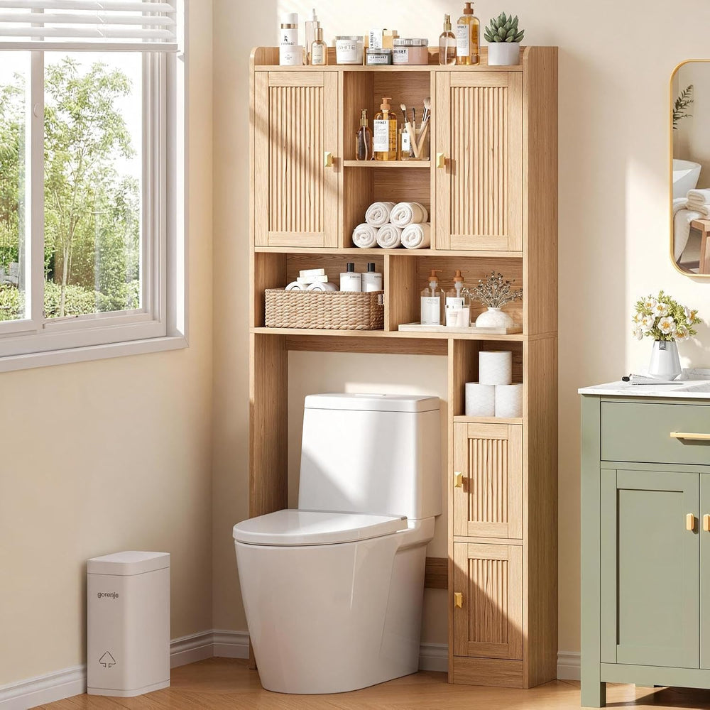 Fluted Over The Toilet Storage Cabinet with 4 Doors, Natural Oak