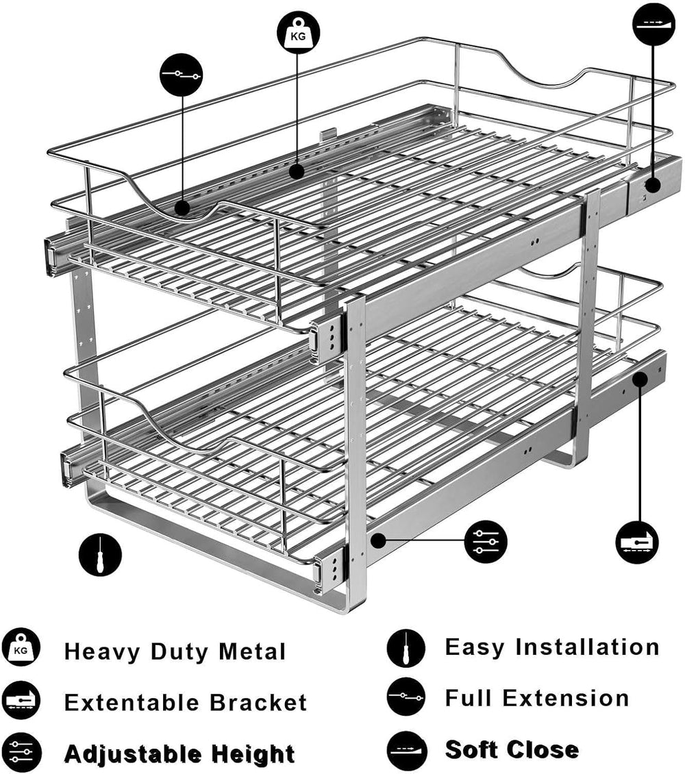 2 Tier Pull Out Cabinet Organizer,(11½"W x 22" D) Soft Close Slide ...