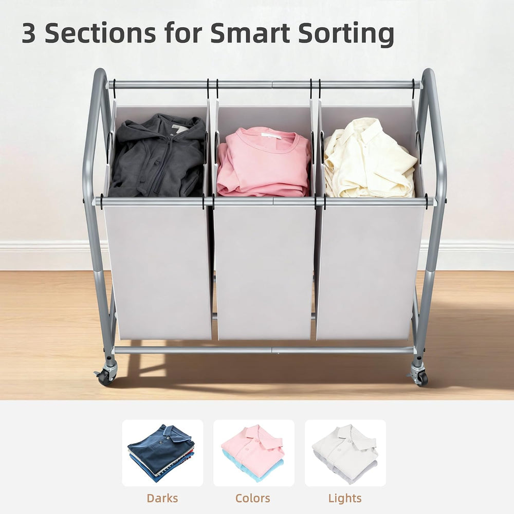 STORAGE MANIAC 3 Section Laundry Sorter, 35.6 Gal (135 L) Laundry Hamper Cart...