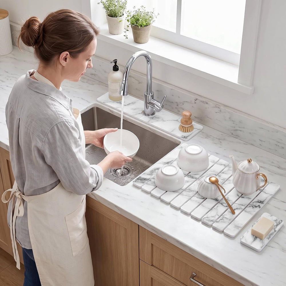 Large Stone Dish Drying Mat Set for Kitchen Counter White Marble