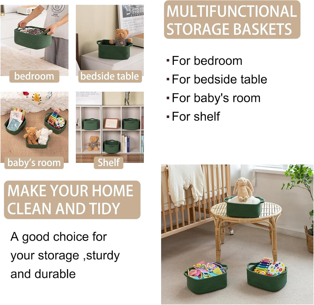 OIAHOMY 3 Pack Storage Baskets for Shelves Cotton Rope Storage Bins Green