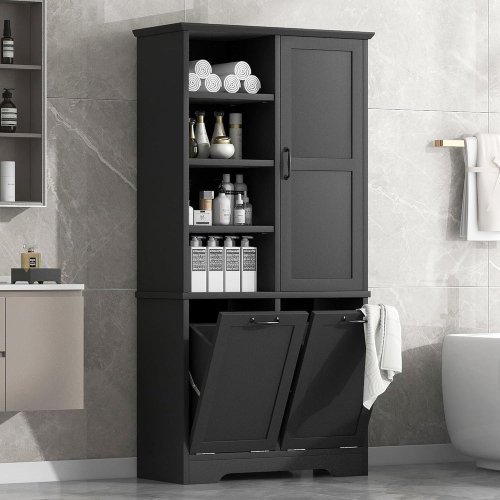 Virubi Tall Laundry Cabinet with 2 Tilt Out Laundry Hamper, Wood Bathroom Sto...