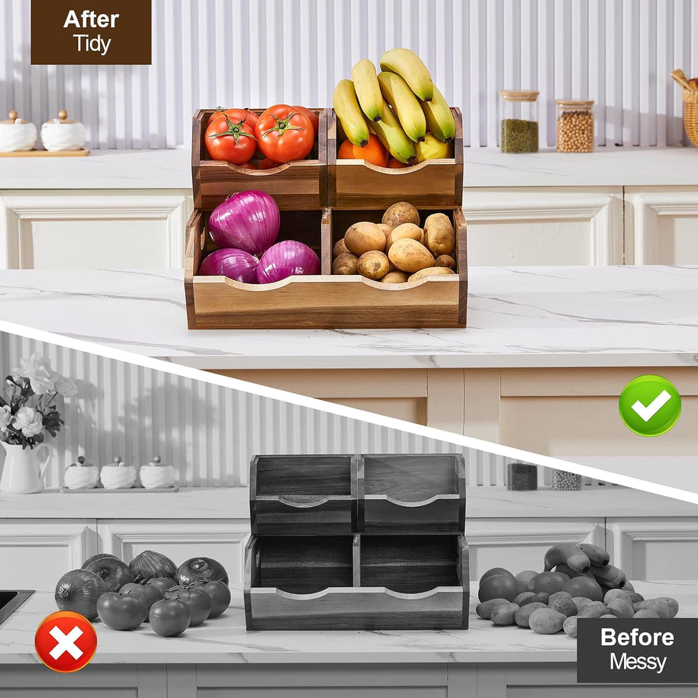 Acacia Wood Pantry Storage Bins, Stackable Storage Baskets Potato and Onion S...