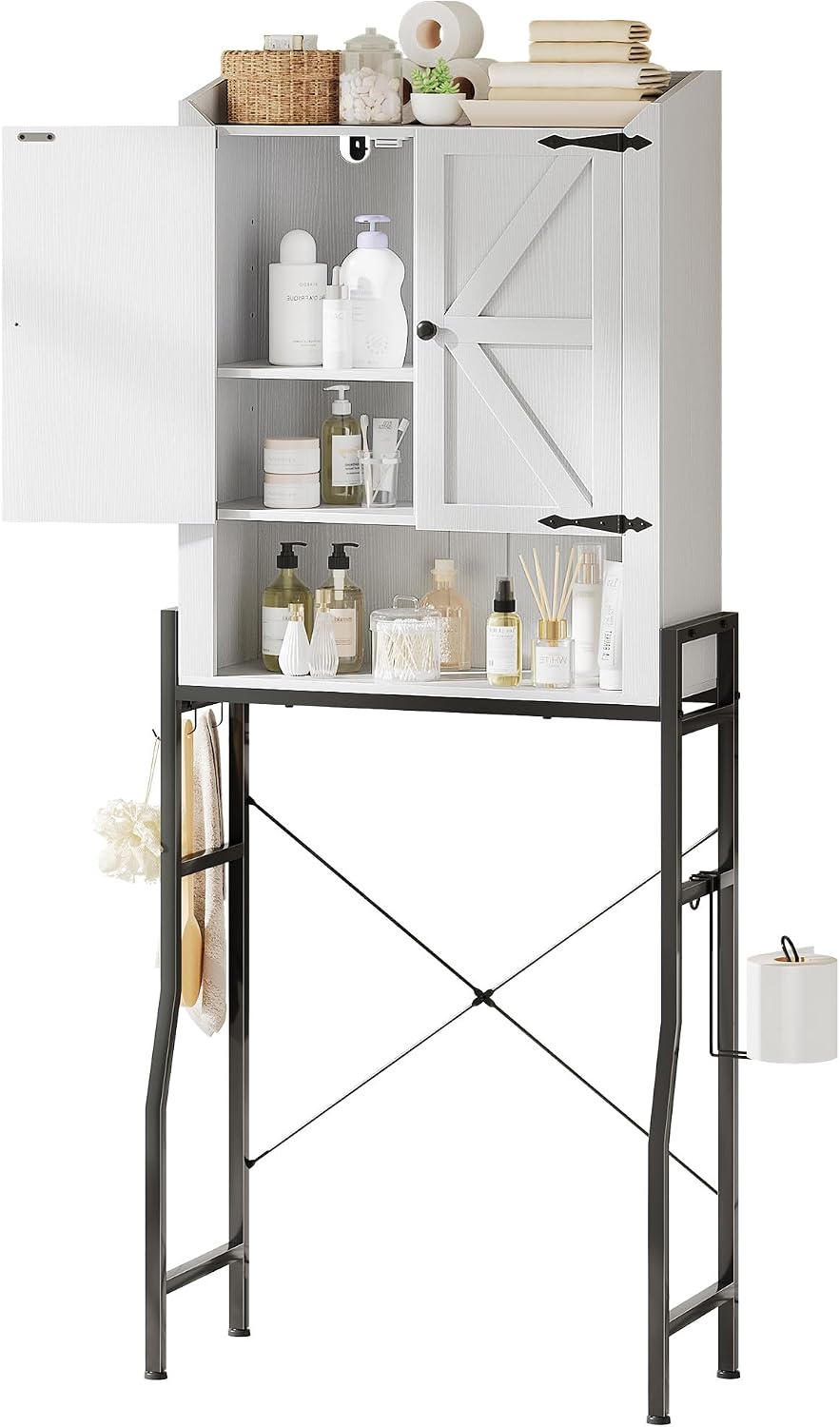 Over The Toilet Storage Cabinet with 2-Door & Metal Stand, White