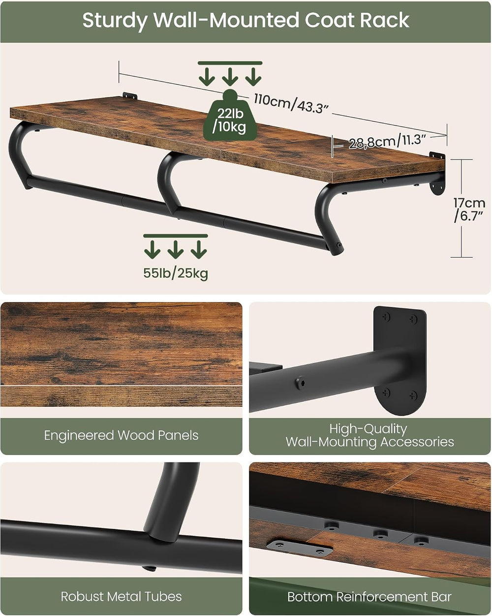 43.3" Wall Mounted Clothes Rack with Top Shelf and Hanging Rod