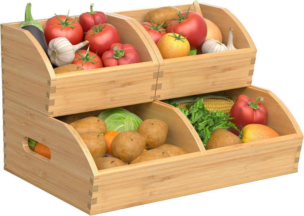 Potato and Onion Storage Bin, Stackable Bamboo Pantry Organizer and Storage