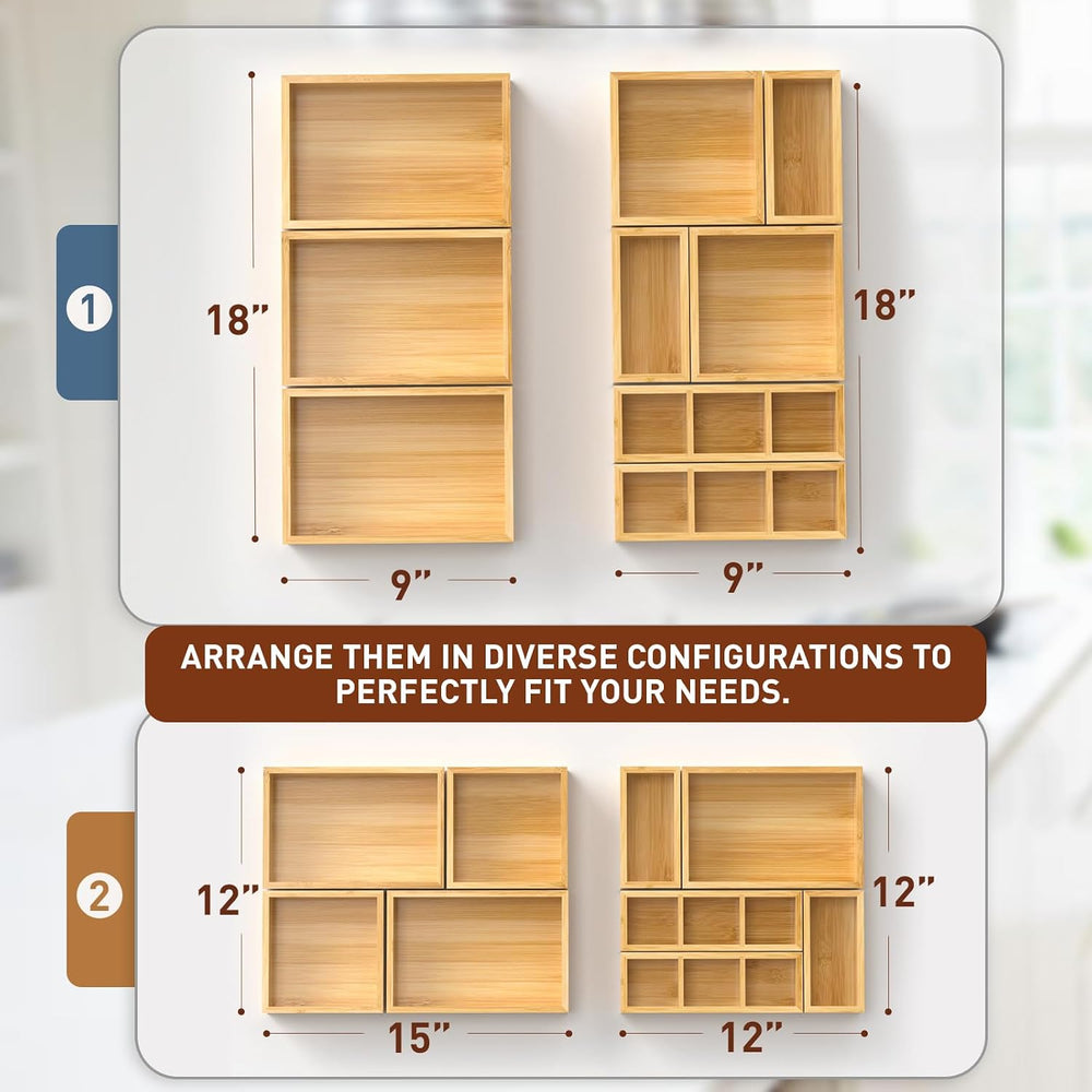 Bamboo Drawer Organizer, Set of 9 Wood Kitchen Junk Tea Desk Office Tray, Woo...