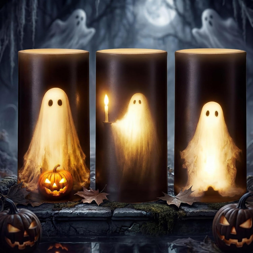 Woanger 3 Pcs Halloween LED Flameless Candles Ghost Flickering Fake Candles
